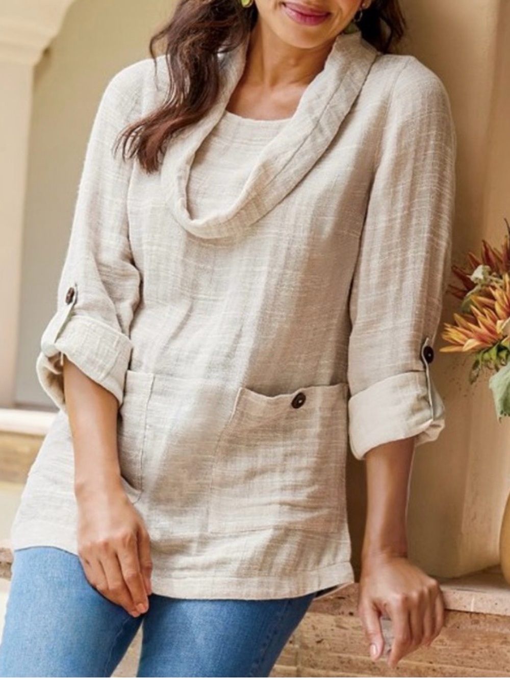 Soft Surroundings Sundown Tunic Womens 2X Linen Blend Pockets Cowl Neck Festival